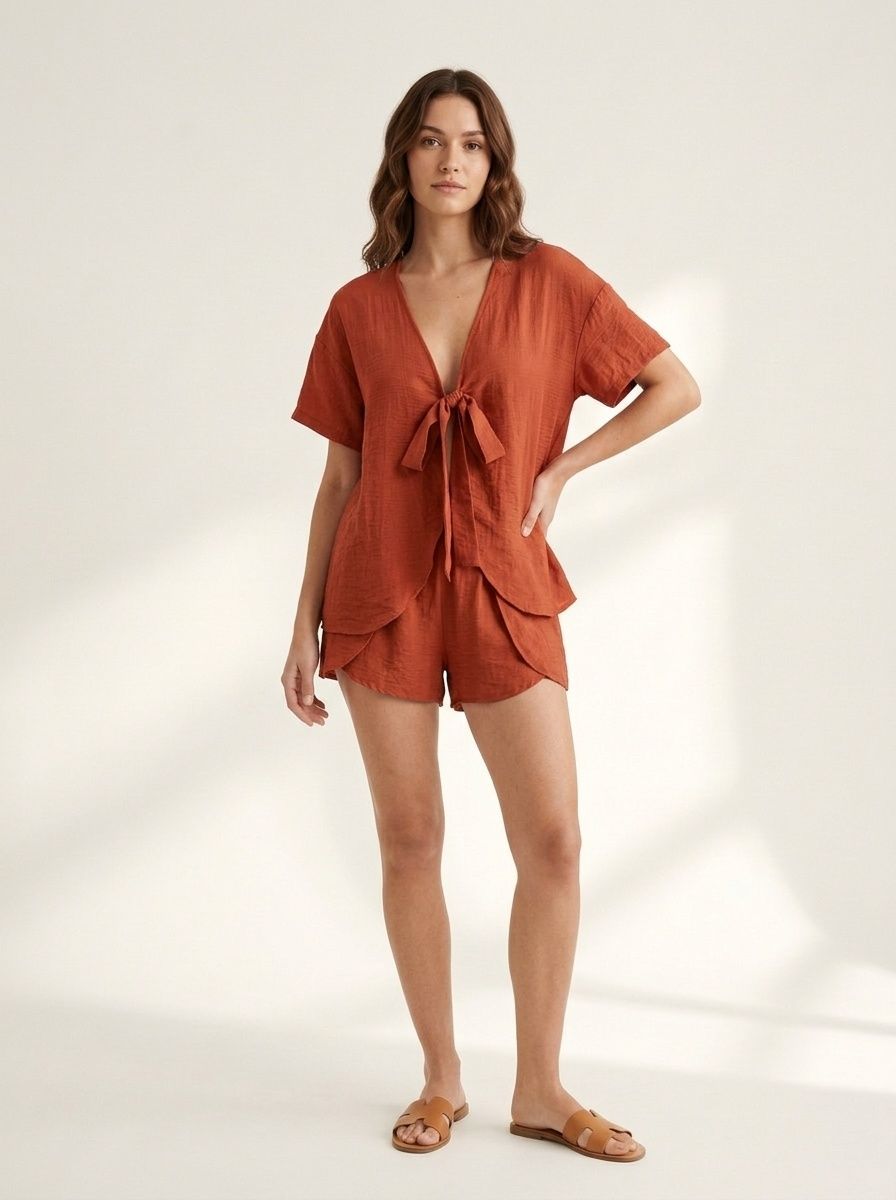 Burnt Orange Tie-Front Top & Shorts Set