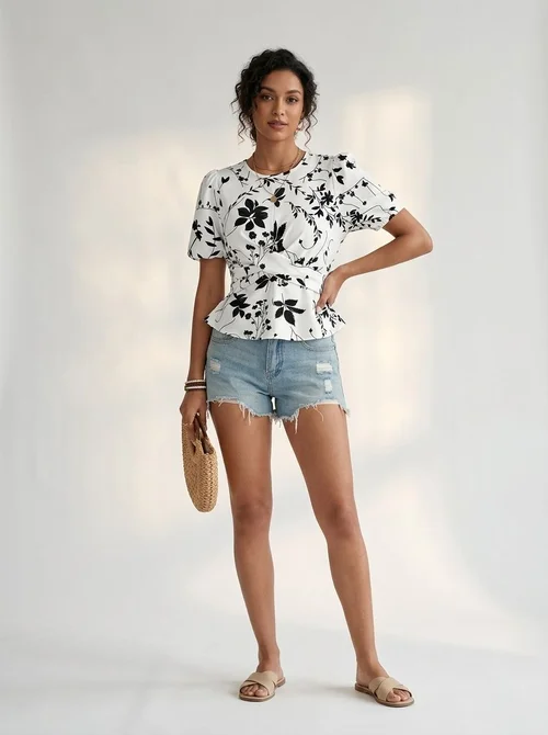 Chic Floral Print Peplum Blouse with Puff Sleeves