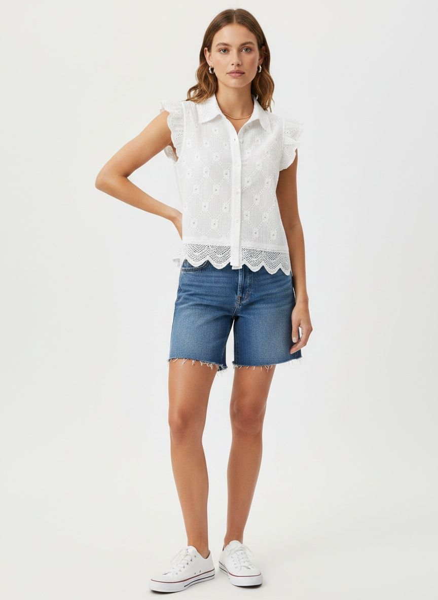 White Eyelet Embroidered Ruffle Sleeve Blouse