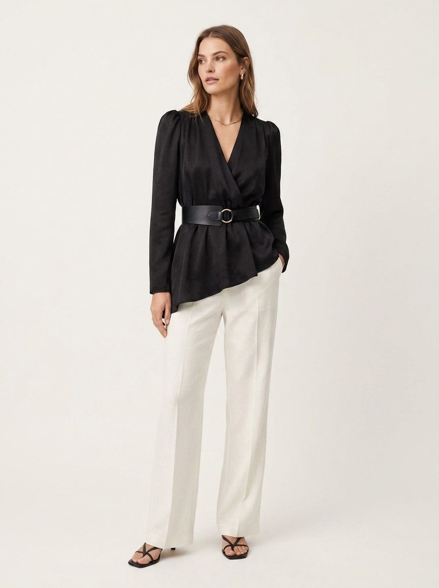 Women's V-Neck Belted Peplum Blouse