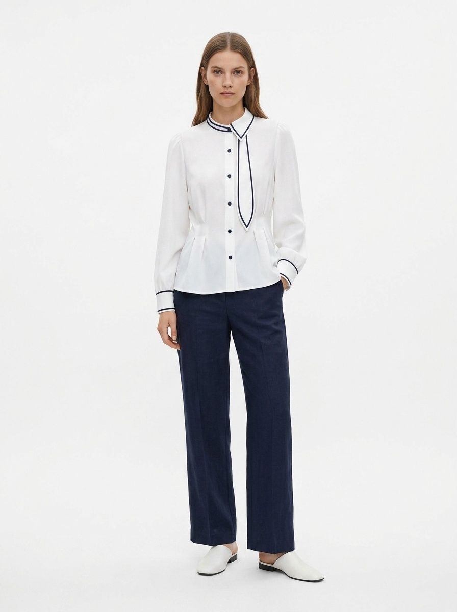 Contrast Trim Long Sleeve Pleated Blouse