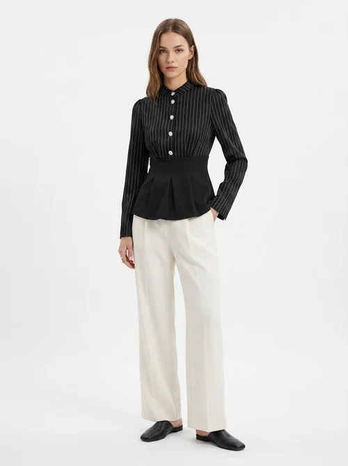 Black Pinstripe Buttoned Peplum Blouse