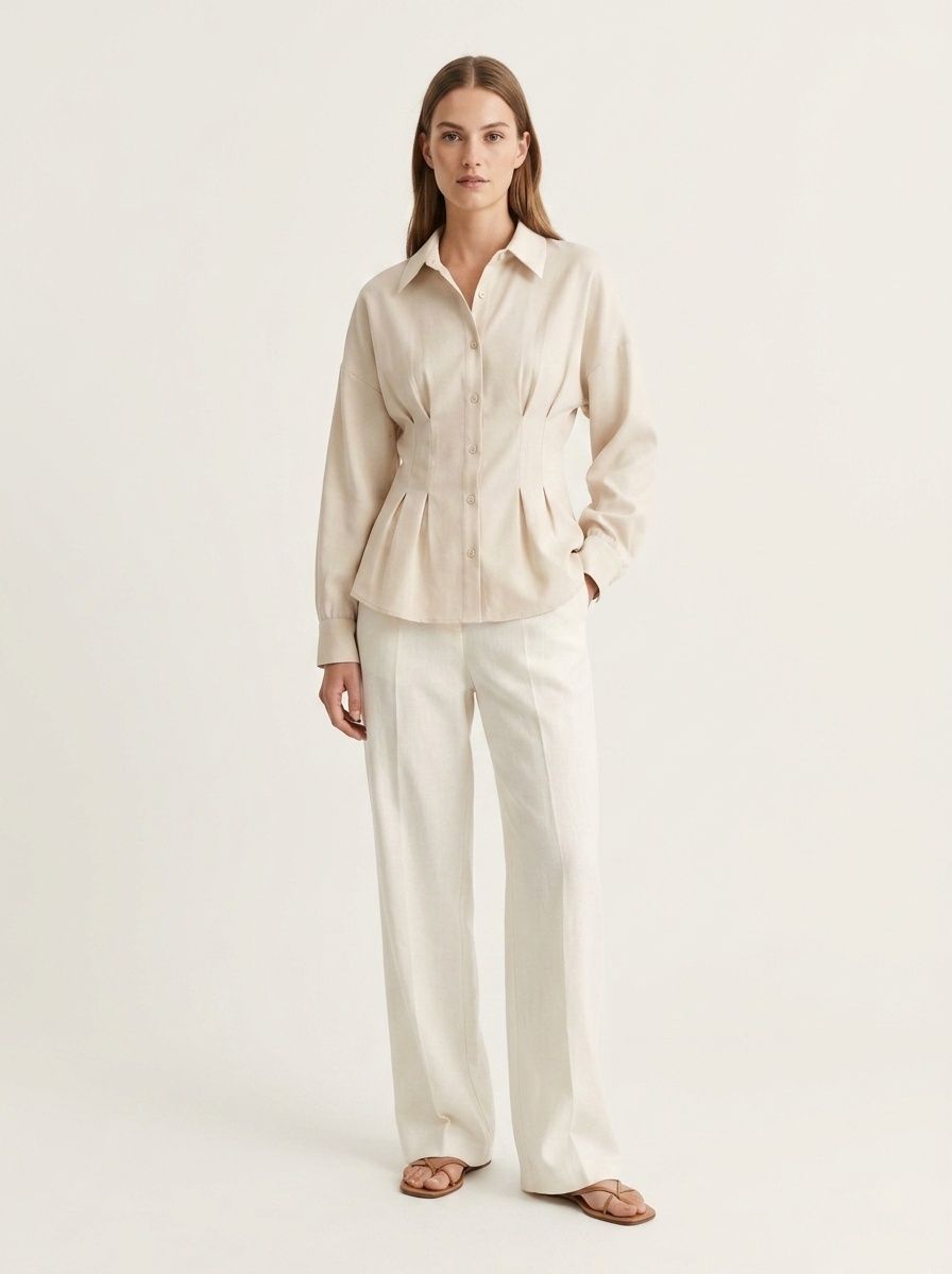 Women's Pleated Waist Long Sleeve Button-Down Blouse