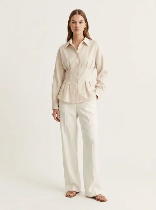 Women's Pleated Waist Long Sleeve Button-Down Blouse