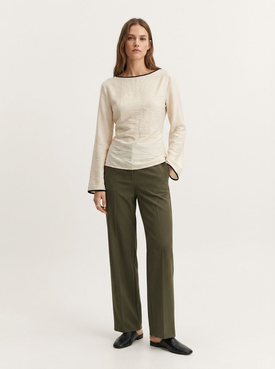 Women's Boat Neck Flared Long Sleeve Lace-Up Back Top