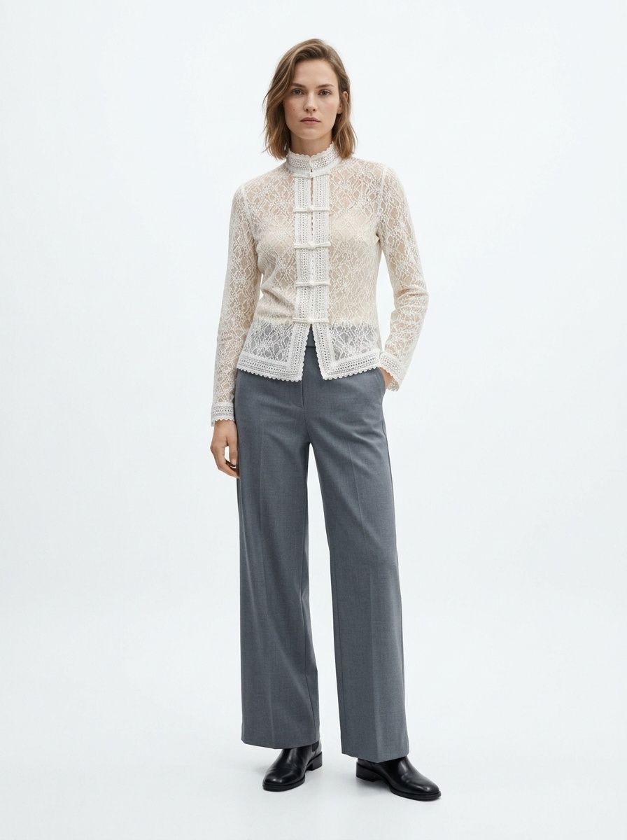 Women's White Floral Lace Long Sleeve Mandarin Collar Top
