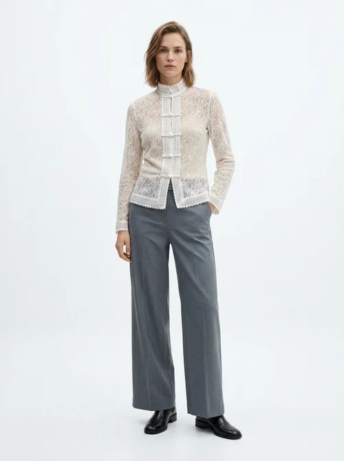 Women's White Floral Lace Long Sleeve Mandarin Collar Top