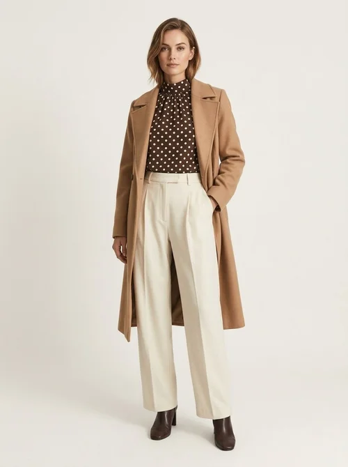 Women's Brown Polka Dot High Neck Long Sleeve Blouse