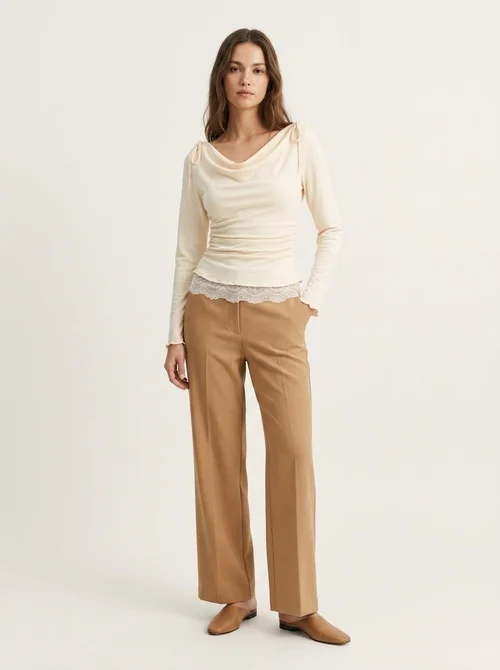 Draped Cowl Neck Long Sleeve Top with Lace Hem