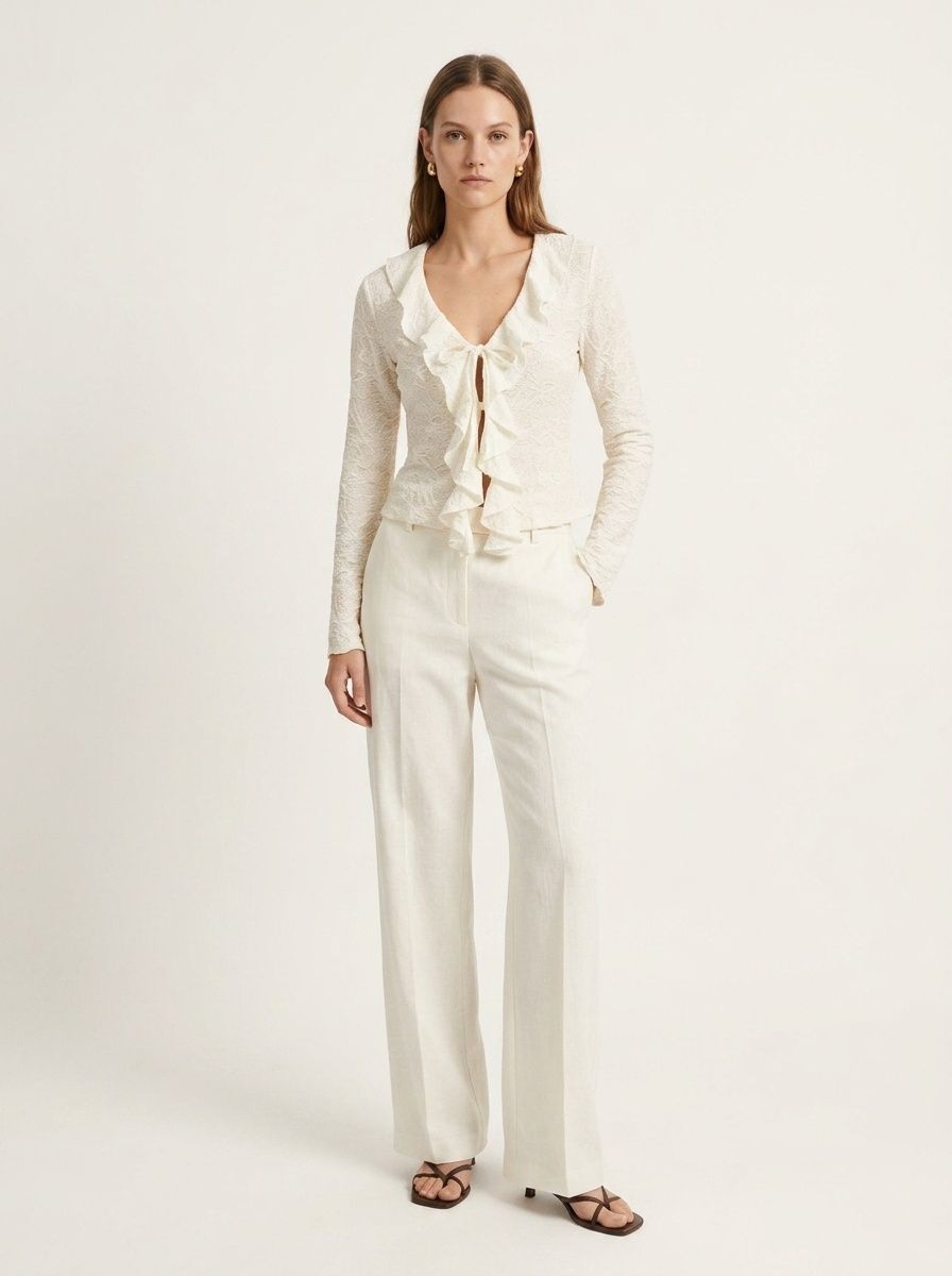 Ruffle Front Tie Long Sleeve Blouse