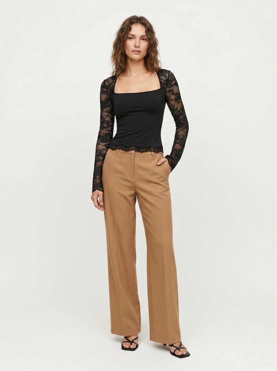 Women's Black Square Neck Sheer Lace Long Sleeve Crop Top