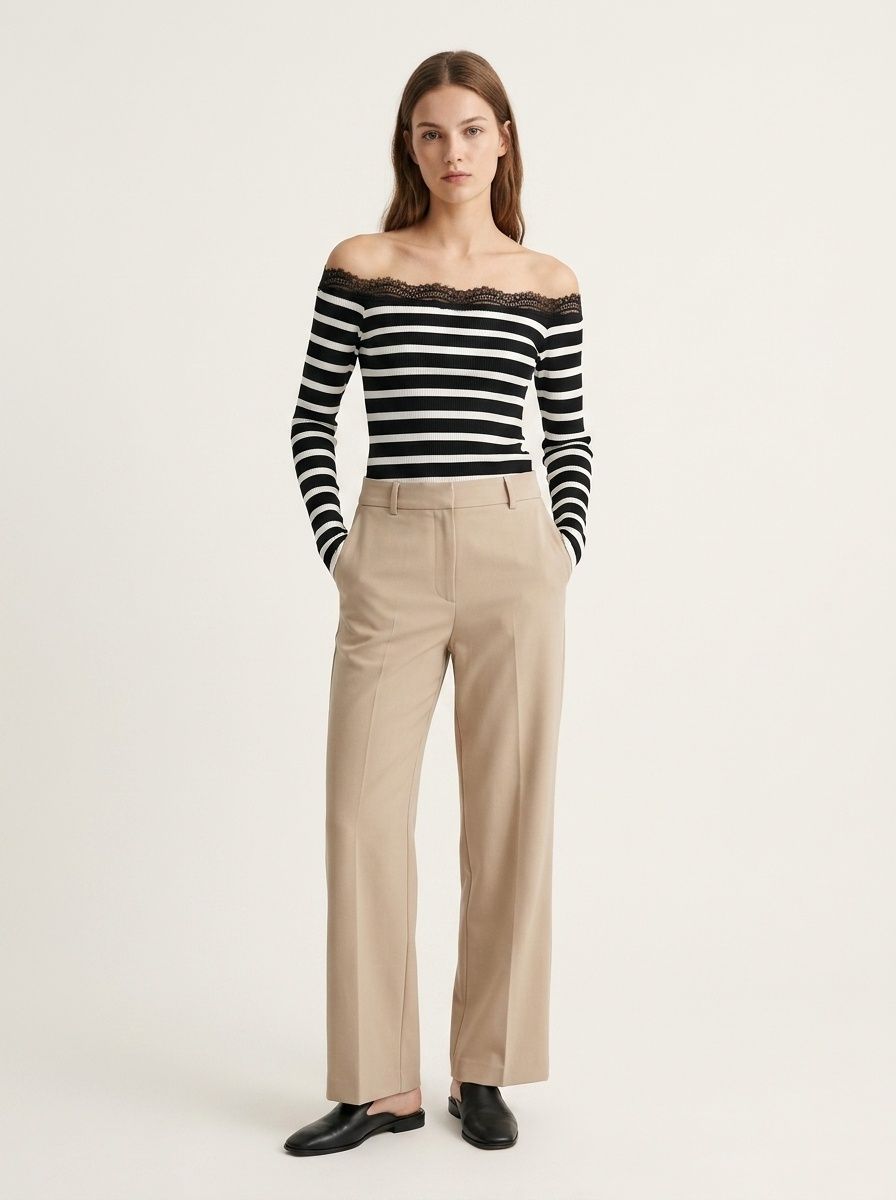 Women's Striped Lace Trim Off-Shoulder Top