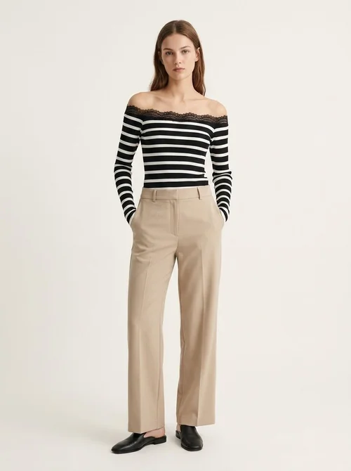 Women's Striped Lace Trim Off-Shoulder Top