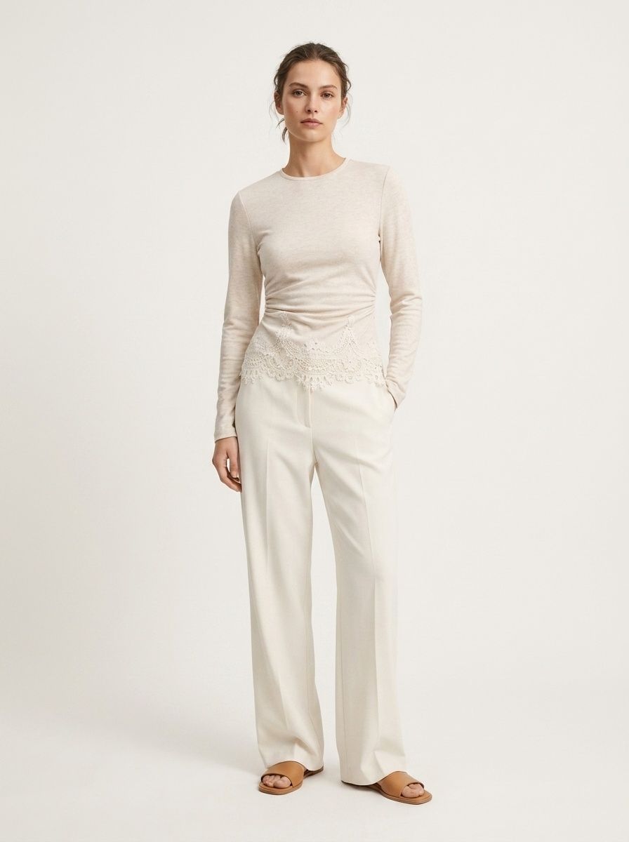 Women's Lace Trim Long Sleeve Top in Beige
