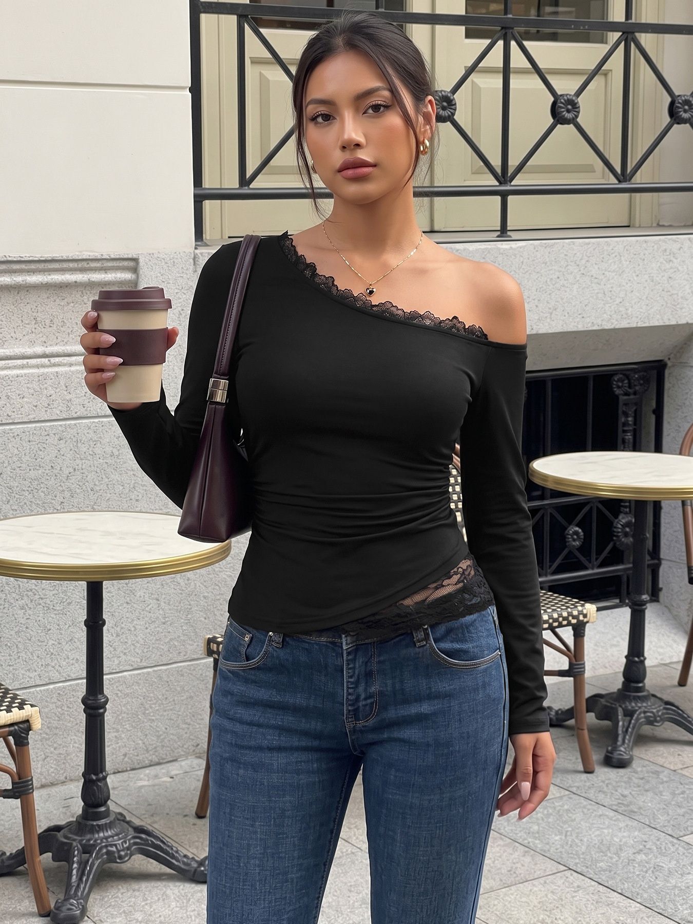 Women's Off-Shoulder Lace Trim Top | Long Sleeve Shirt