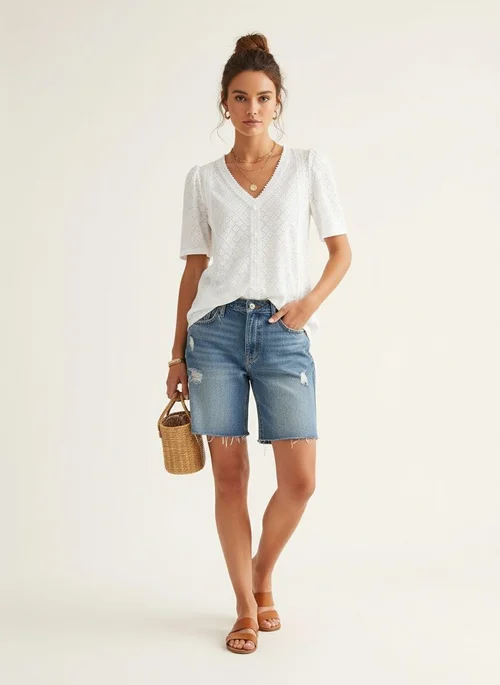 Blusa de mujer con escote en V, ojales y botones frontales.