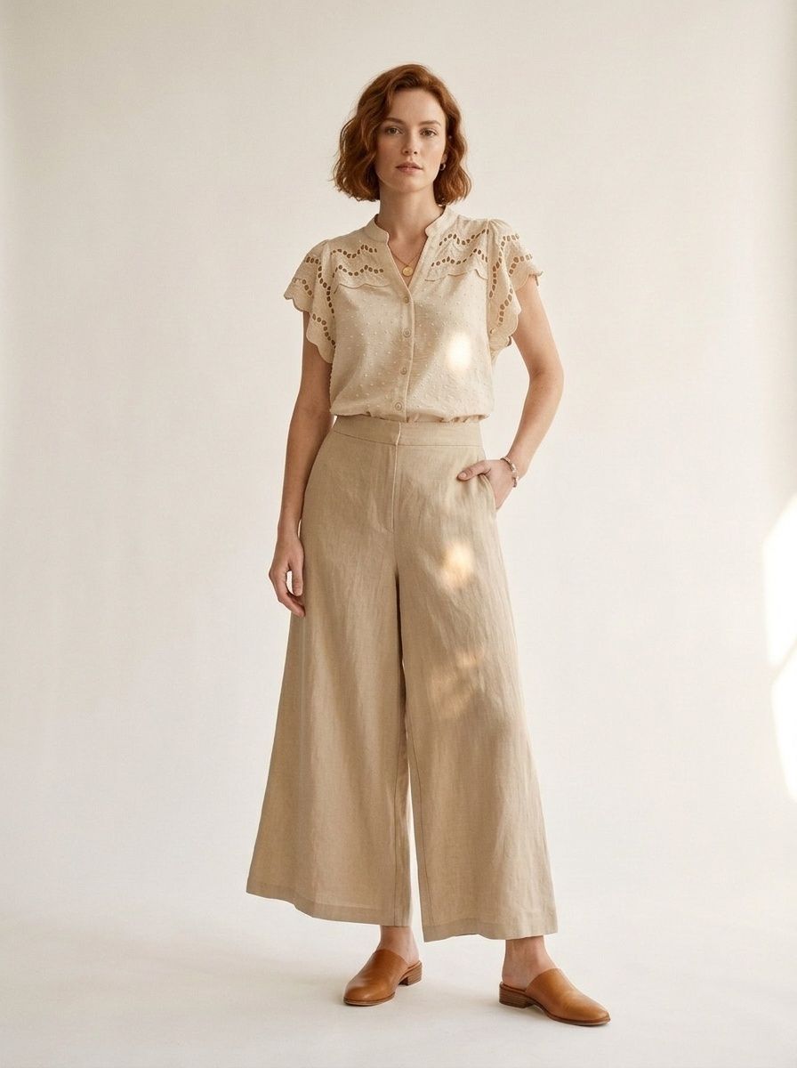 Women's Eyelet Lace Short Sleeve Button-Down Blouse