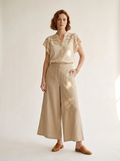 Women's Eyelet Lace Short Sleeve Button-Down Blouse