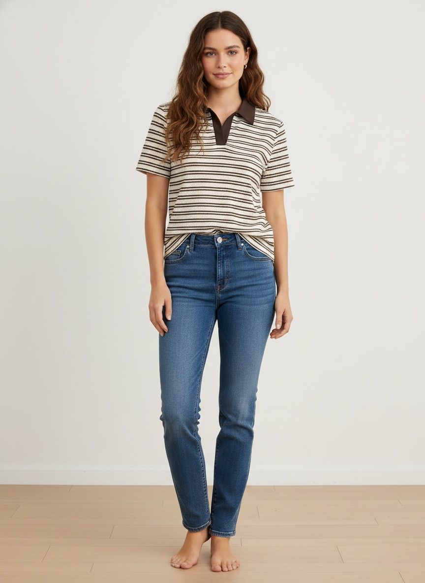 Women's Striped Knit Polo Shirt - Short Sleeve V-Neck