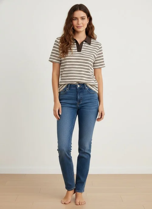 Gestreiftes Damen-Poloshirt aus Strick – Kurzarm, V-Ausschnitt