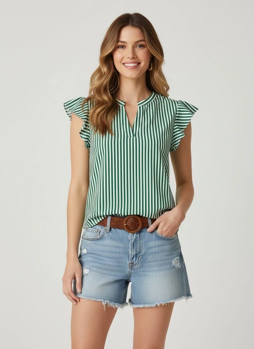 Women's Striped Ruffle Sleeve V-Neck Blouse Top