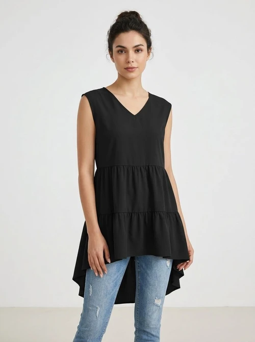 Tiered Ruffle High-Low Tunic Top - Sleeveless V-Neck