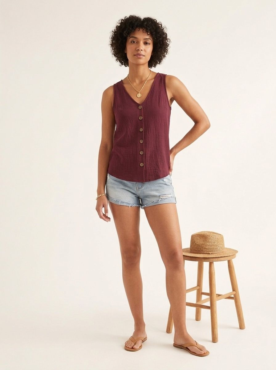 Women's Casual V-Neck Button-Front Sleeveless Top