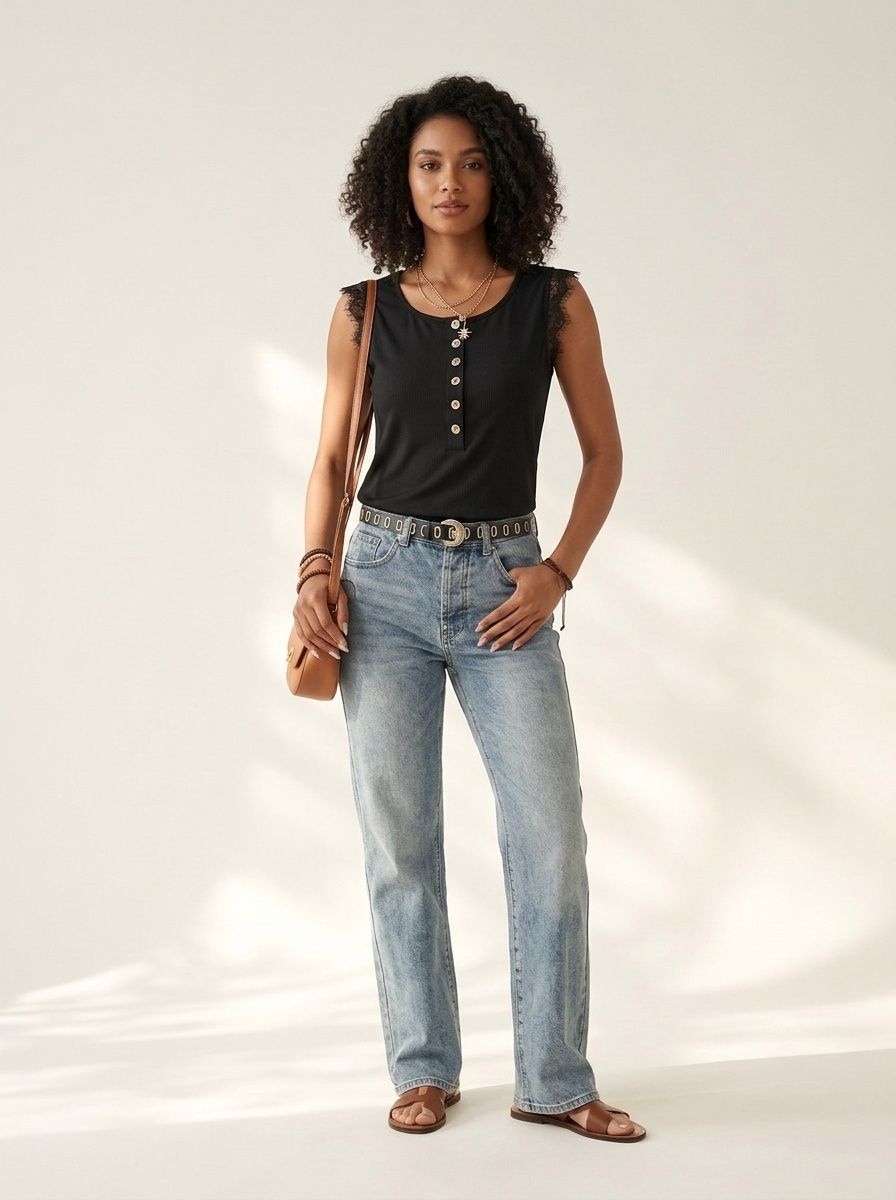 Black Lace Trim Button-Front Sleeveless Top