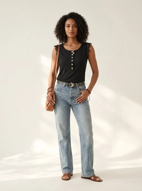 Black Lace Trim Button-Front Sleeveless Top