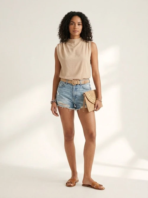 Women's Chic Beige Mock Neck Sleeveless Top