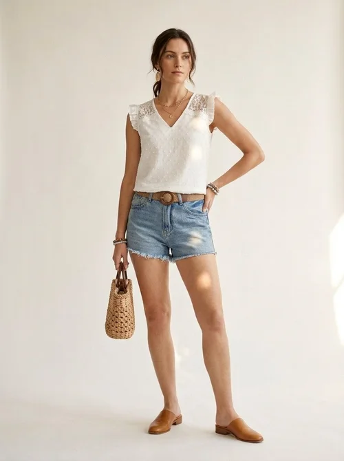 Women's White V-Neck Lace Ruffle Sleeve Swiss Dot Top