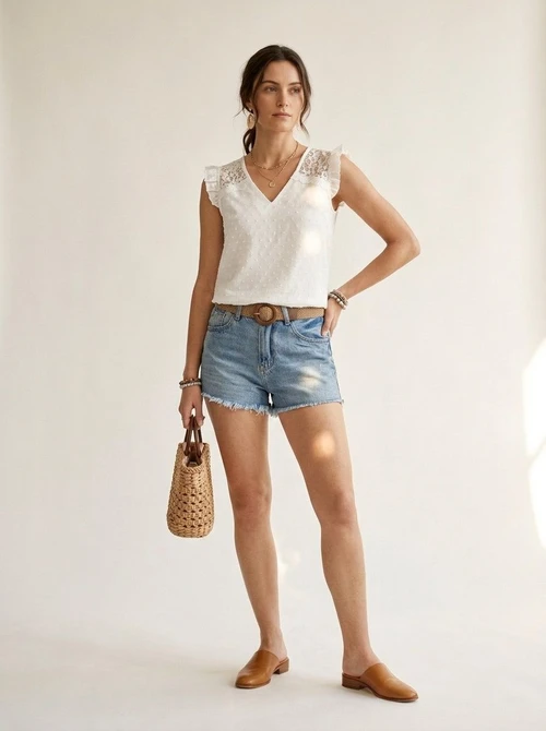 Women's White V-Neck Lace Ruffle Sleeve Swiss Dot Top