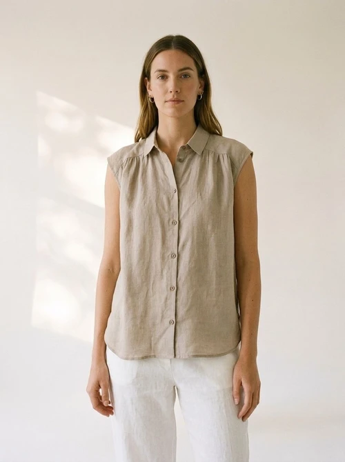 Effortless Linen Sleeveless Button-Up Blouse