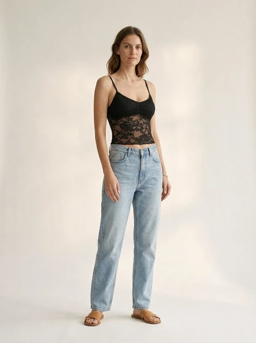 Black Lace Cami Crop Top - Sheer V-Neck Spaghetti Strap