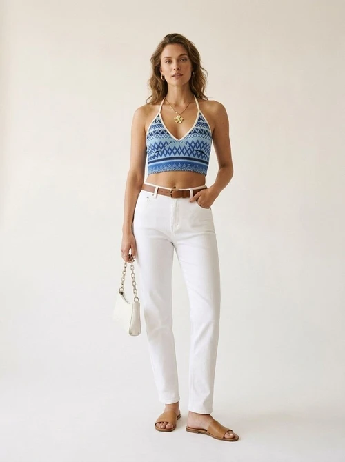 Boho Geometric Knit Halter Neck Crop Top