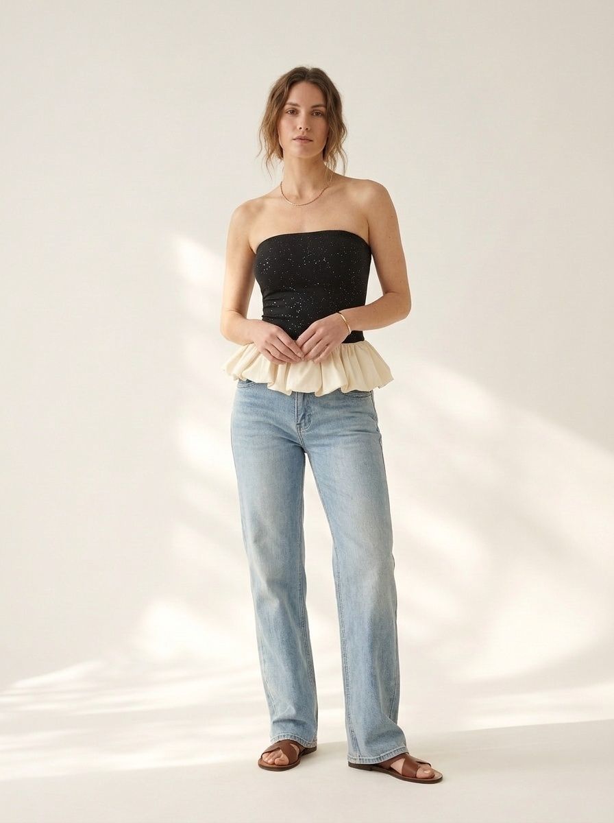 Black Sparkle Peplum Tube Top - Strapless Ruffle