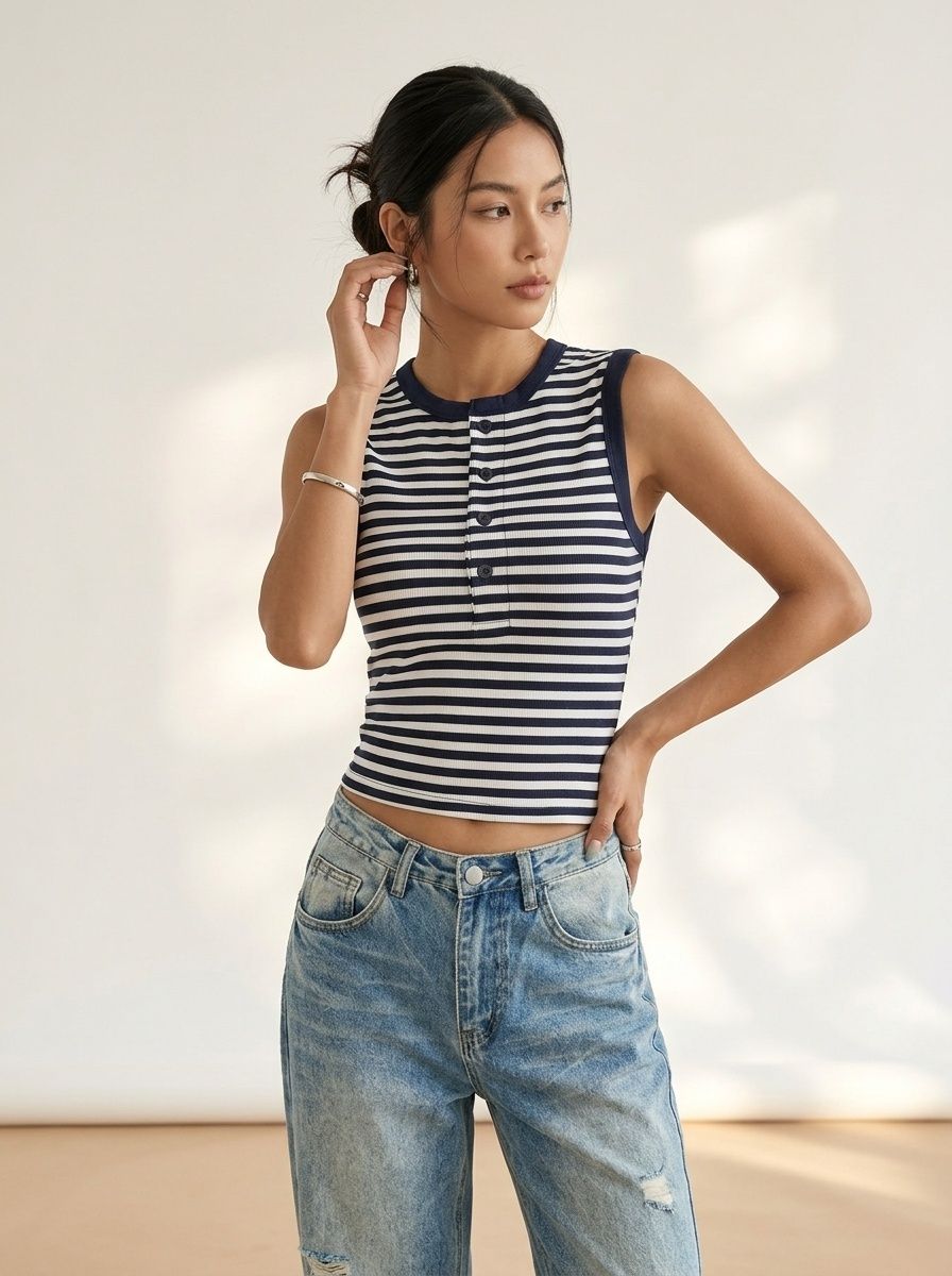 Ribbed Striped Sleeveless Henley Top