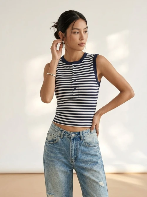 Ribbed Striped Sleeveless Henley Top