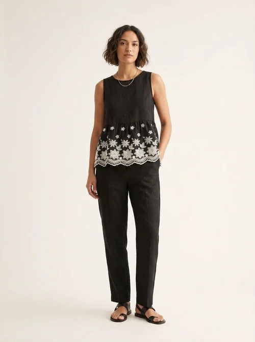 Black Floral Embroidered Peplum Tank Top
