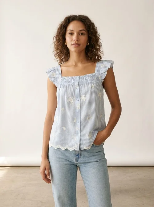 Women's Striped Embroidered Square Neck Ruffle Sleeve Top