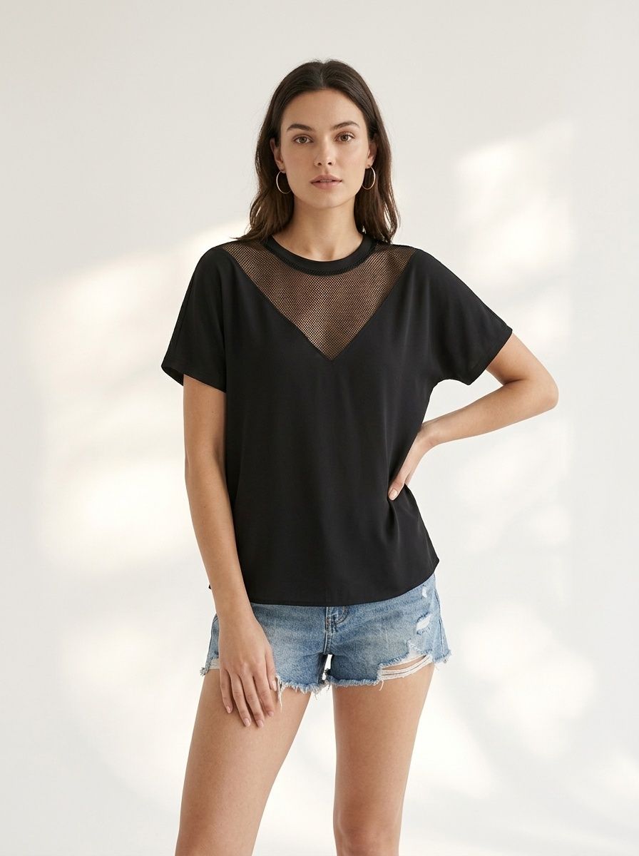 Women's Black Mesh Panel Short Sleeve Casual Top
