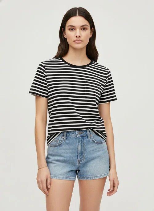 Casual gestreept T-shirt met korte mouwen en zakje voor dames