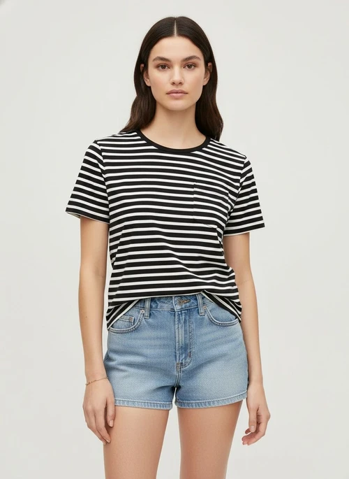 Women's Casual Striped Short Sleeve T-Shirt with Pocket
