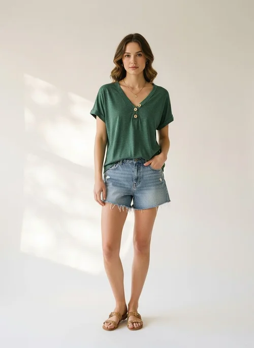 Camiseta de manga corta con cuello en V y botones para mujer.