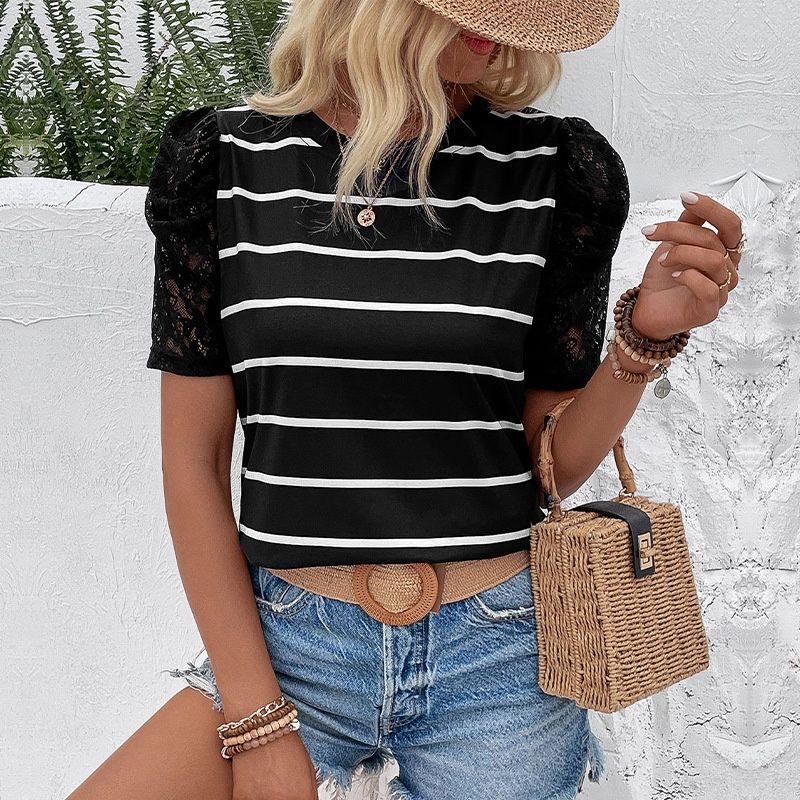 Black & White Stripe Puff Lace Sleeve Top