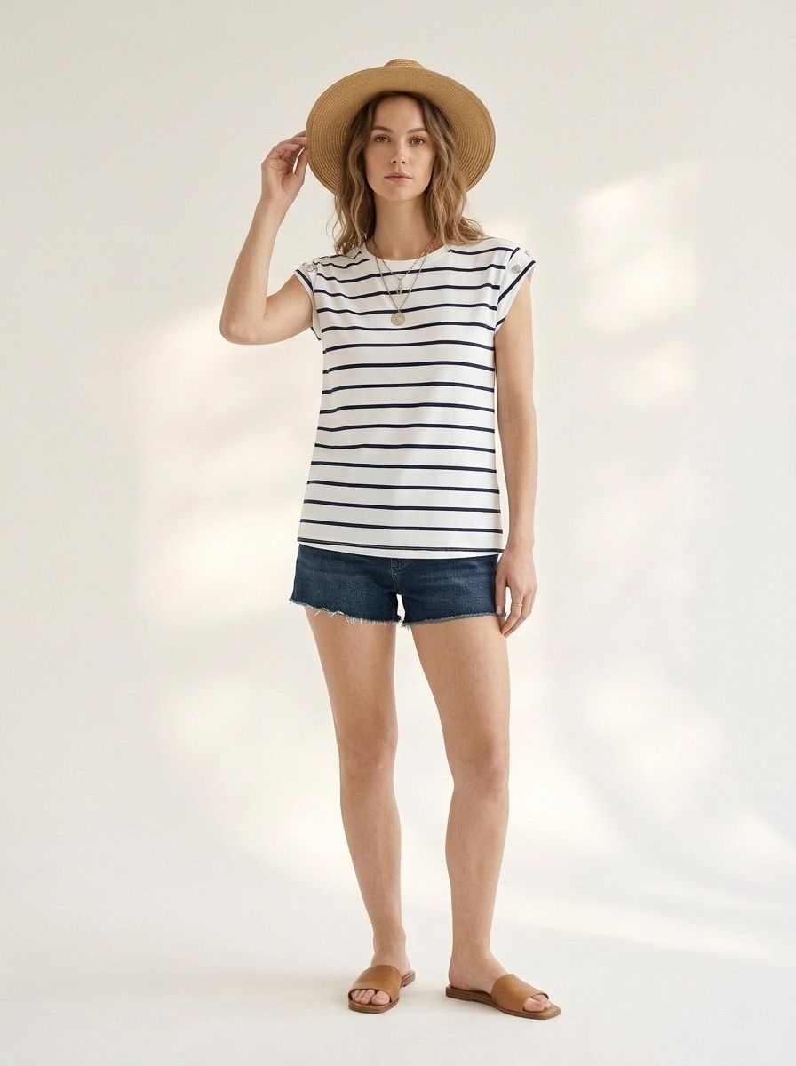 Women's Striped Cap Sleeve T-Shirt with Button Detail