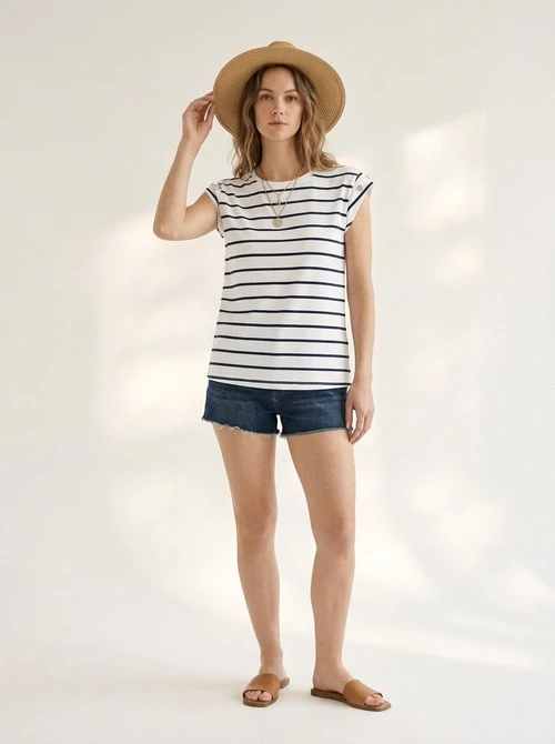 Women's Striped Cap Sleeve T-Shirt with Button Detail