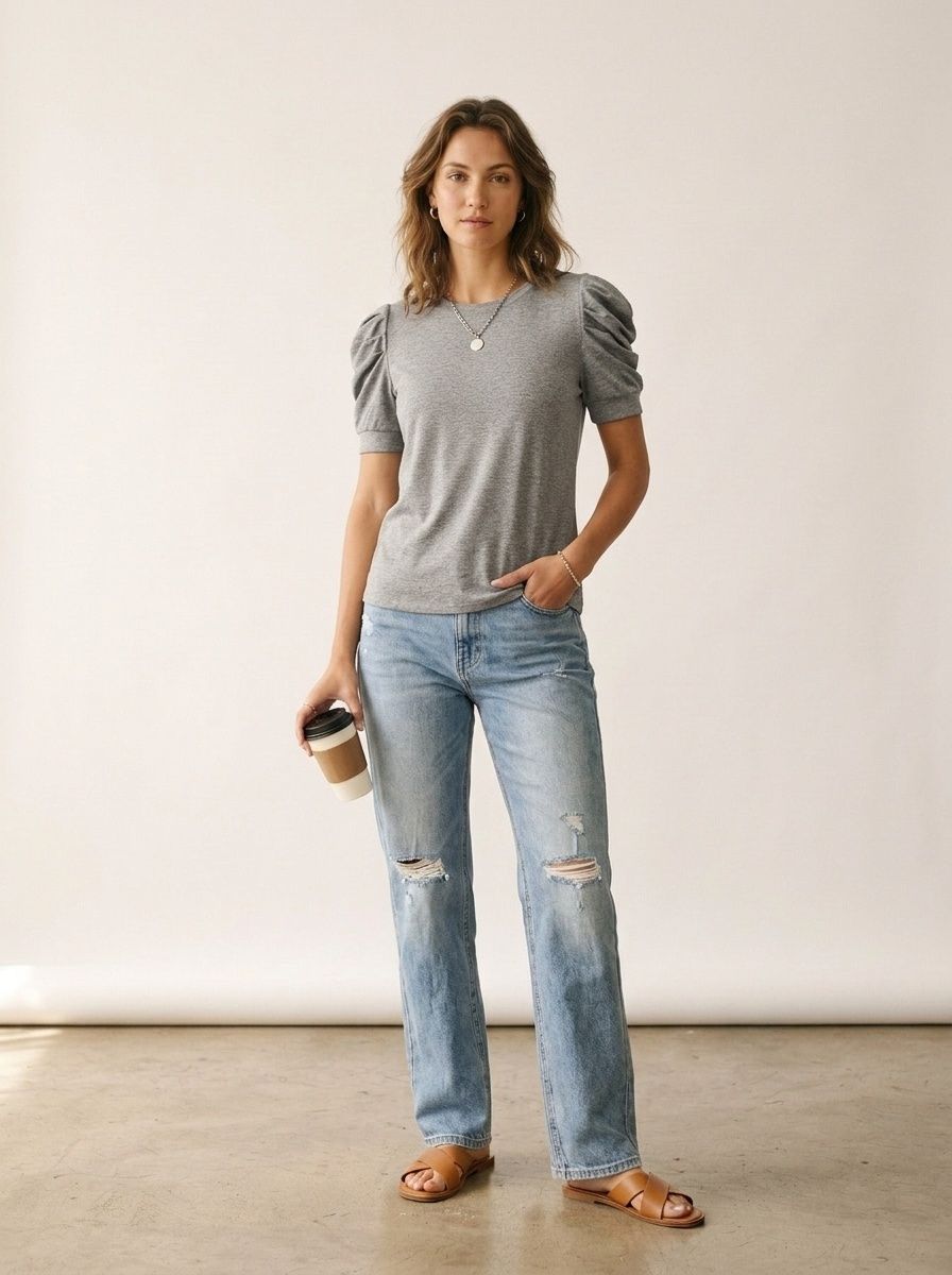 Haut décontracté à manches bouffantes et col rond pour femme