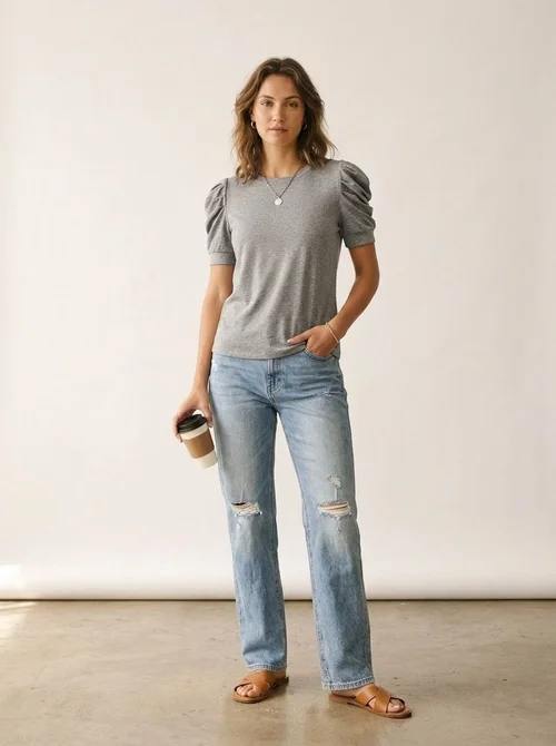 Women's Casual Puff Sleeve Crew Neck Top