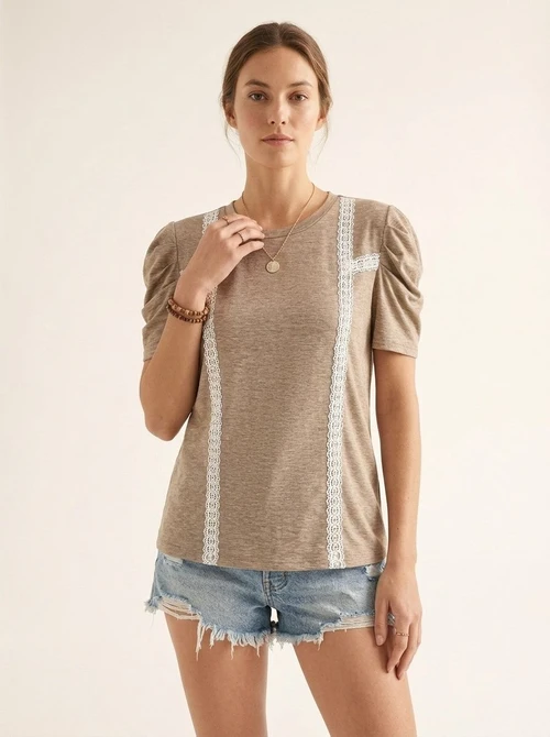 Taupe Puff Sleeve Lace Trim T-Shirt